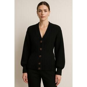 LPA Black Chunky Rib-Knit Cardigan Sweater – XS – Wool Blend Balloon Sleeves